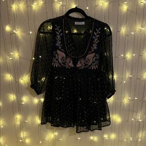 Zara Black Sheer Blouse with Pink Embroidery